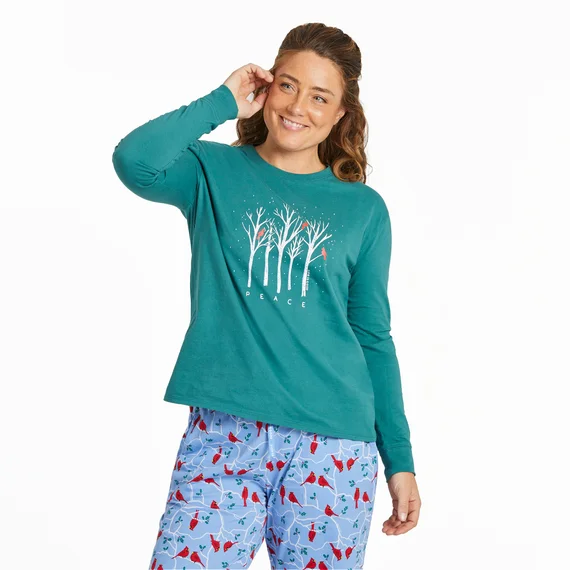 Women's Peaceful Cardinal Forest Long-Sleeve Snuggle Up Relaxed Sleep Tee - Spruce Green