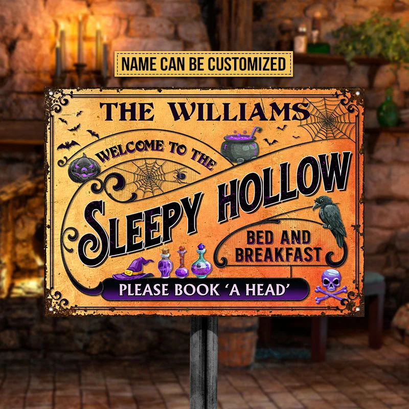 Skull Creepy Pumpkin Halloween Sleepy Hollow Please Book A Head Yard Sign Custom Classic Metal Signs