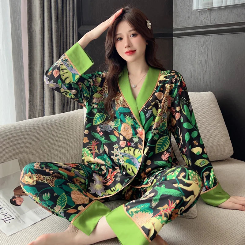 2024 Spring Autumn Women's Pajamas Set Flower Print Sleepwear Elegant Luxury Homewear Style Nightwear Valentine Gift