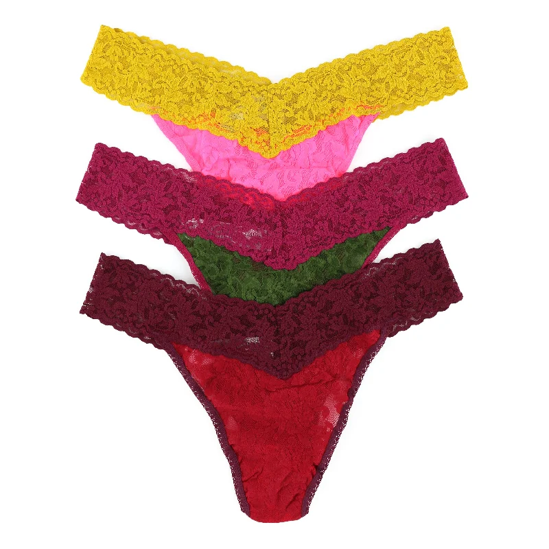 3-Pack Signature Lace Original Rise Thong | Wood/Dark Pomegranate, Fbor/Cabr, Tpun/Topy