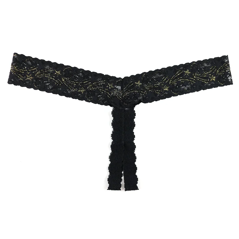 Plus Size Open Gusset Thong | Black/Gold