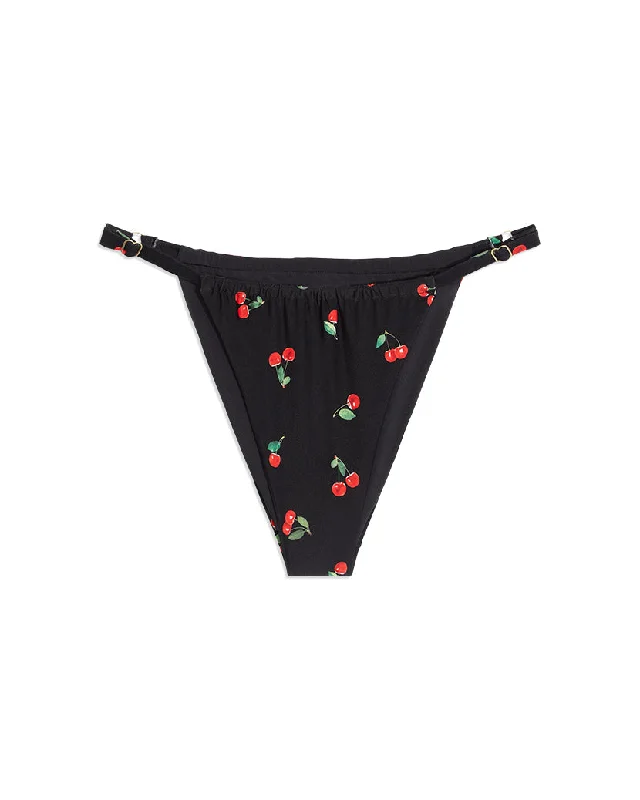 Adjustable Ruched Cherries Bikini Bottom | Black