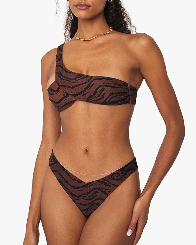 Asymmetrical Cross-Over Tiger Bikini Top | Brown