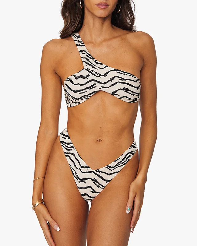 Asymmetrical Cross-Over Tiger Bikini Top | Off White