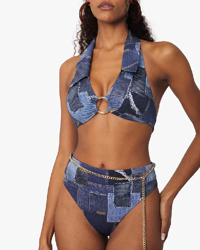 Collar O-Ring Denim Patchwork Bikini Top | Dark Wash