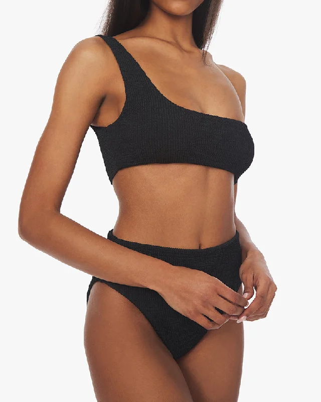 One Shoulder Spongie Seersucker Bikini Top | Black