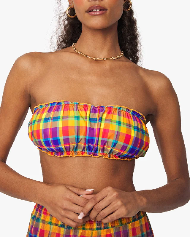 Scrunchie Bandeau Rainbow Plaid Bikini Top | Multi