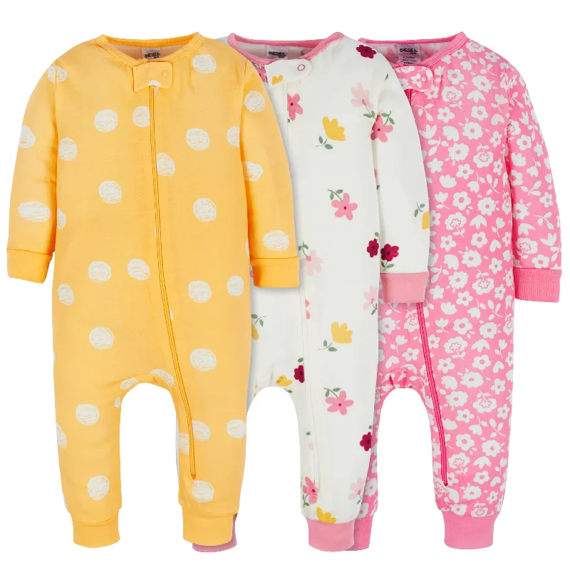 3-Pack Baby & Toddler Girls Floral Fox Snug Fit Footless Pajamas