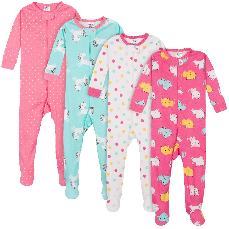 4-Pack Baby & Toddler Girls Unicorns & Cats Snug Fit Footed Cotton Pajamas