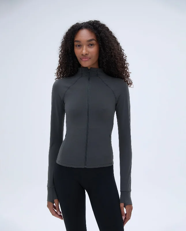 Brushed Long Sleeve Mock Neck Zip Up Top - Graphite Grey