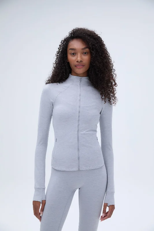 Brushed Long Sleeve Mock Neck Zip Up Top - Light Grey Melange