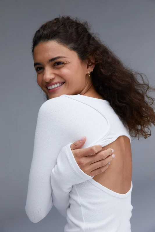 Rib Long Sleeve Open Back Top - White